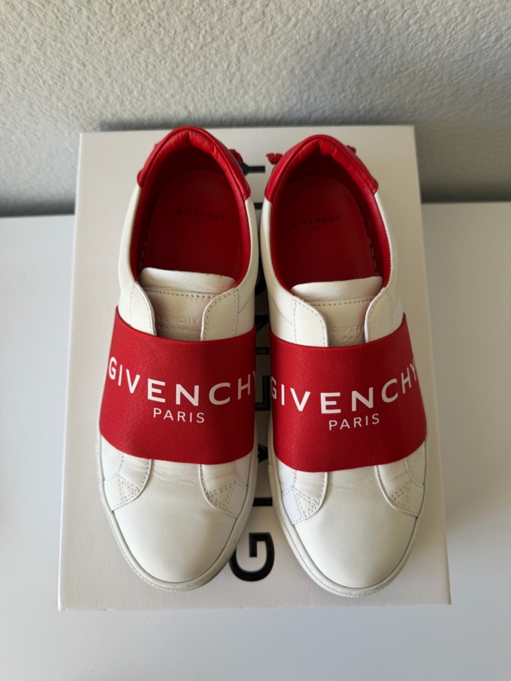Givenchy White and Red Elastic Logo Slip-Ons